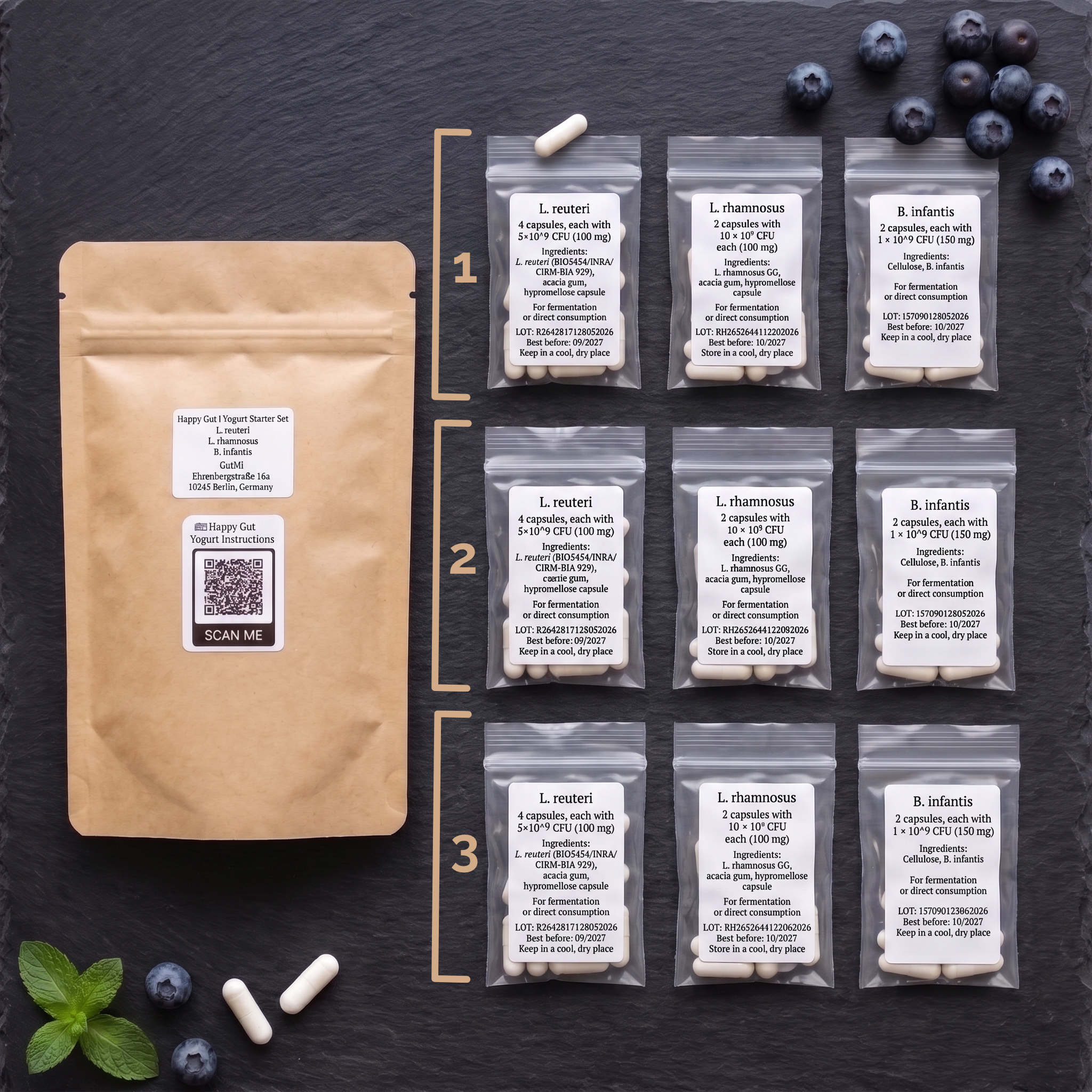 L. reuteri + L. rhamnosus + B. infantis | Happy Gut | Yogurt Starter Set | Starter Cultures | 3 Yogurt Starters
